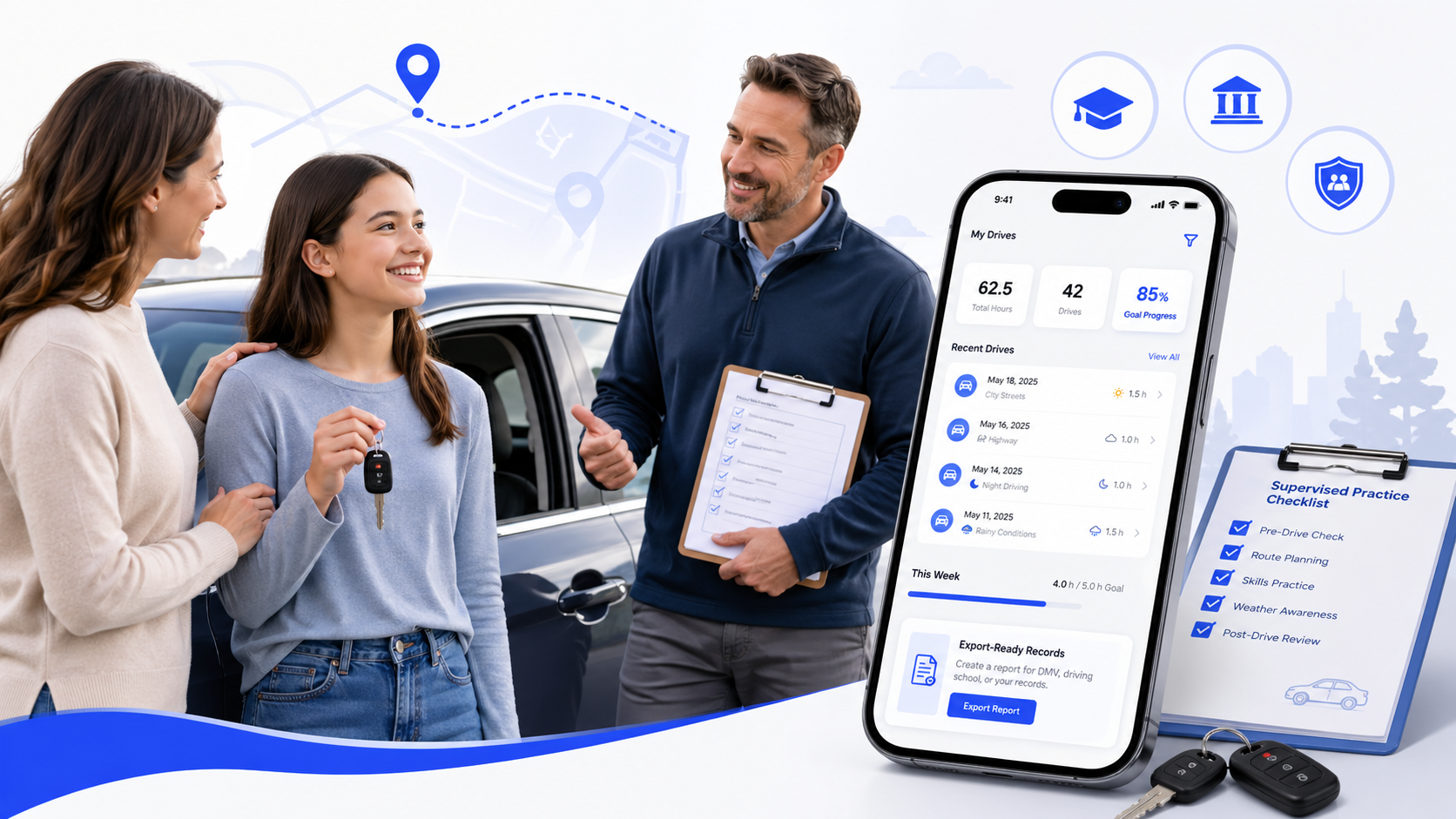 Learner driver, parent, and instructor using Permit2Drive to track supervised driving practice